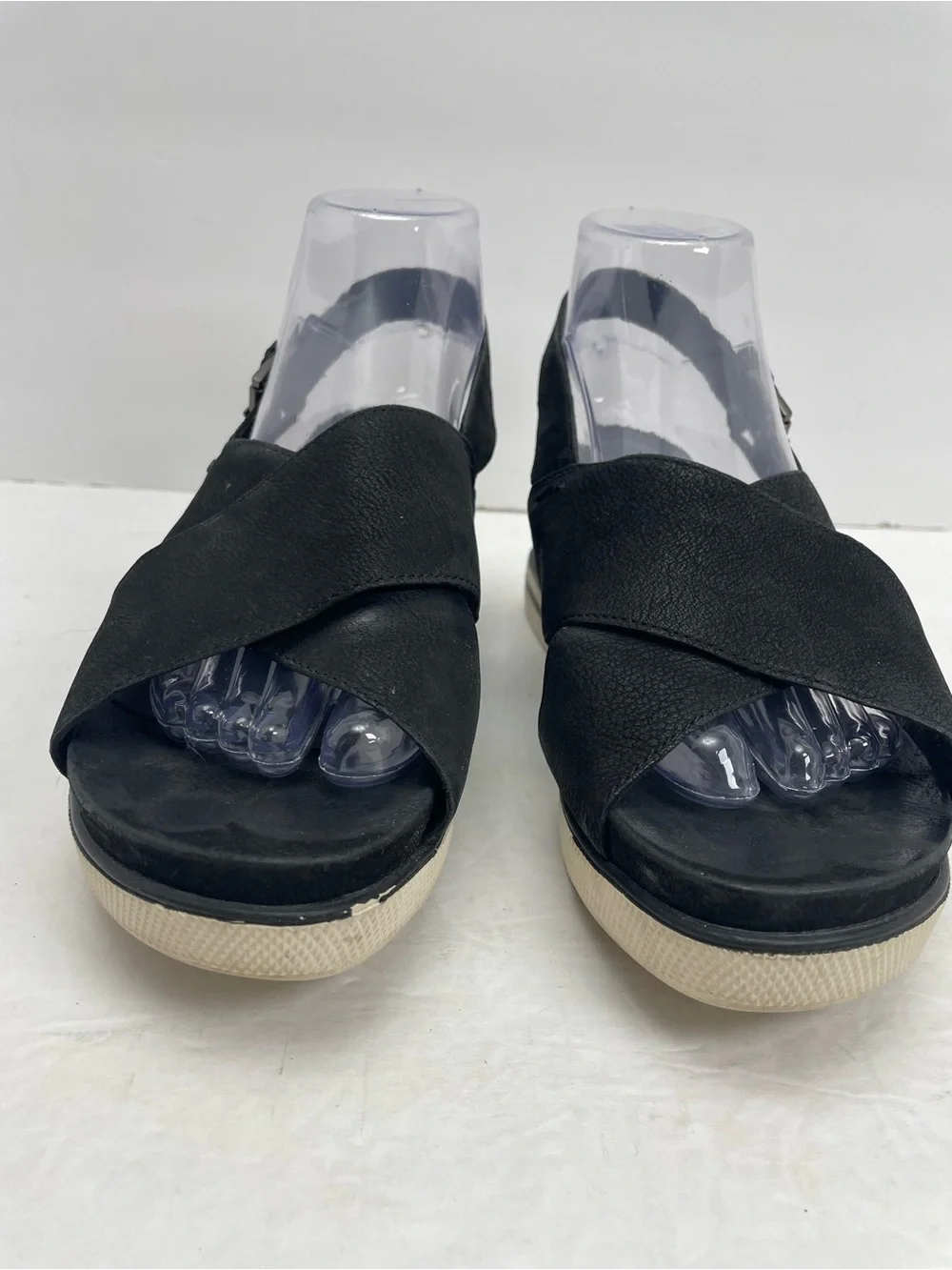 Eileen Fisher Good Criss Cross Black Leather Platform Wedge Slingback Sandal 8.5 - Picture 2 of 8